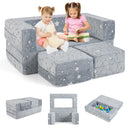 Modular grey kids play couch with glow-in-the-dark stars, perfect for imaginative play and comfortable lounging.