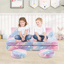 Modular kids play couch set with colorful flannel covers, featuring foldable and round cushions for imaginative play.