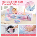Modular kids play couch set in colorful flannel, featuring foldable and round cushions for imaginative play and comfort.