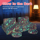 Modular kids play couch set with glowing flannel covers, featuring foldable and round cushions for imaginative play.