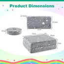 Modular kids play couch set in grey with dimensions, featuring foldable cushions and glowing flannel covers for.