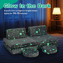 Modular kids play couch set in grey with glowing star patterns, featuring foldable and round cushions for imaginative.
