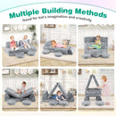 Modular kids play couch set in grey with foldable cushions and glowing patterns, promoting creativity and comfort.