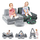 Modular kids play couch set in grey with glowing flannel covers, featuring foldable cushions and trapezium blocks for.