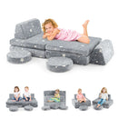 Modular kids play couch set in grey with flannel covers, featuring foldable cushions and glowing patterns for.