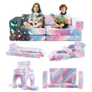 Colorful 10-piece modular toddler sectional sofa with glow-in-the-dark patterns, perfect for creative play and cozy.