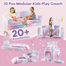 Modular kids play couch set with 10 pieces in glow-in-the-dark flannel, offering 20+ creative combinations for fun play.
