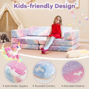 Modular toddler sectional sofa in colorful flannel, featuring glow-in-the-dark patterns and rounded corners for safe.
