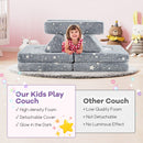 Modular toddler sectional sofa in grey, featuring glow-in-the-dark patterns, perfect for creating cozy play spaces.