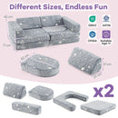 Modular toddler sectional sofa in grey with glow-in-the-dark stars, featuring 10 pieces for creative play and comfort.