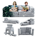 Modular toddler play couch in grey, showcasing vibrant glow-in-the-dark patterns, perfect for imaginative fort-building.