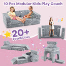 Modular kids play couch in grey, featuring 10 pieces for 20+ combinations, glow-in-the-dark patterns for magical.
