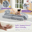Modular toddler sectional sofa in grey with glow-in-the-dark patterns, made from soft flannel fabric for cozy playtime.