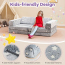 Modular toddler sectional sofa in grey with glow-in-the-dark patterns, designed for kids' comfort and creativity.