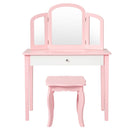 Kids pink makeup table and stool set with tri-folding mirror, perfect for bedroom use and storage of accessories.