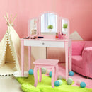 Kids makeup table and stool set in pink with tri-folding mirror, perfect for bedroom use and storing accessories.