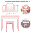 Kids makeup table and stool set in pink with tri-folding mirror, perfect for bedroom use and versatile for writing.
