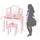Kids pink makeup table and stool set with tri-folding mirror, sturdy MDF construction, perfect for bedroom use.