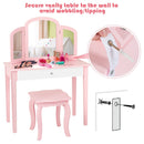 Kids makeup table set in pink with tri-folding mirror and sturdy stool, perfect for bedroom use and storage.