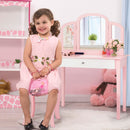 Kids makeup table stool set in pink with tri-folding mirror, perfect for bedroom use and storing accessories.