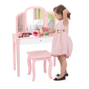 Kids makeup table and stool set in pink with tri-folding mirror, perfect for bedroom play and storage.