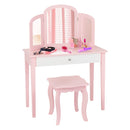 Kids pink makeup table and stool set with tri-folding mirror, perfect for bedroom use and storing accessories.