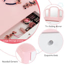 Kids makeup table set in pink featuring a tri-folding mirror, large storage drawer, and rounded corners for safety.