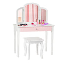 Kids makeup table set with tri-folding mirror in white, featuring a spacious drawer for storage and a cute design for.