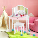 Kids makeup table set with tri-folding mirror and stool, sturdy MDF construction, perfect for bedroom use.