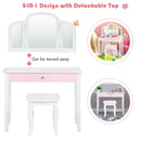 Kids makeup table set with tri-folding mirror, sturdy MDF construction, and detachable top for versatile use in white.
