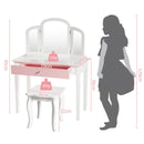 Kids makeup table set with tri-folding mirror, sturdy MDF construction, and large drawer for storage in white finish.