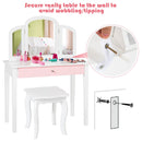 Kids makeup table set with tri-folding mirror, sturdy MDF construction, and large drawer for storage in white.