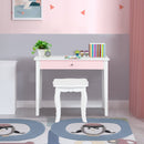 Kids makeup table and stool set in white with tri-folding mirror, perfect for bedroom use and storage of accessories.