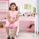 Kids makeup table stool set with tri-folding mirror, sturdy MDF construction, perfect for bedroom vanity use.