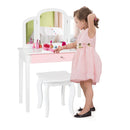 Kids makeup table and stool set with tri-folding mirror, sturdy white design for bedroom use and storage of accessories.