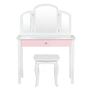 Kids makeup table set with tri-folding mirror and drawer, sturdy MDF construction, perfect for bedroom use.