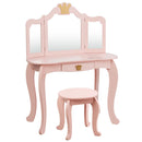 Kids vanity table set in pink with tri-folding mirror and drawer, perfect for girls' makeup and storage.