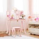 Kids vanity table and chair set in pink with tri-folding mirror and drawer, perfect for girls' rooms.