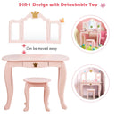 Kids vanity table set in pink with tri-folding mirror, drawer, and detachable top for versatile use in girls' rooms.