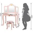 Kids vanity table set in pink with tri-folding mirror and drawer, perfect for girls' makeup and storage needs.