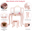 Kids vanity table set in pink with tri-folding mirror, storage drawer, and solid wood legs for stylish playtime.