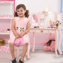 Kids vanity table and chair set in pink with tri-folding mirror, perfect for makeup and storage in a child's room.