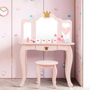 Kids vanity table set in pink with tri-folding mirror and drawer, perfect for makeup and storage in a child's room.