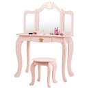 Kids vanity table in pink featuring a detachable tri-fold mirror and spacious drawer, ideal for girls' beauty routines.