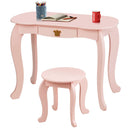 Kids vanity table and chair set in pink with tri-folding mirror and drawer, perfect for girls' makeup and reading.