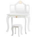 Kids vanity table and chair set in white with tri-folding mirror and drawer, perfect for little girls' rooms.