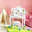Kids vanity table and chair set in white with tri-folding mirror and drawer, perfect for girls' rooms.