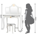 Kids vanity table set in white with tri-folding mirror and drawer, perfect for girls' rooms and versatile use.