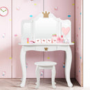Kids vanity table and chair set in white with tri-folding mirror and drawer, perfect for girls' rooms and playtime.
