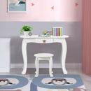 White kids vanity table with removable tri-folding mirror and sturdy drawer, ideal for writing, reading, and play.